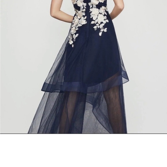 BCBG Maxazria gown with floral appliqué, mini slip lining, and sheer overlays. - Picture 2 of 5